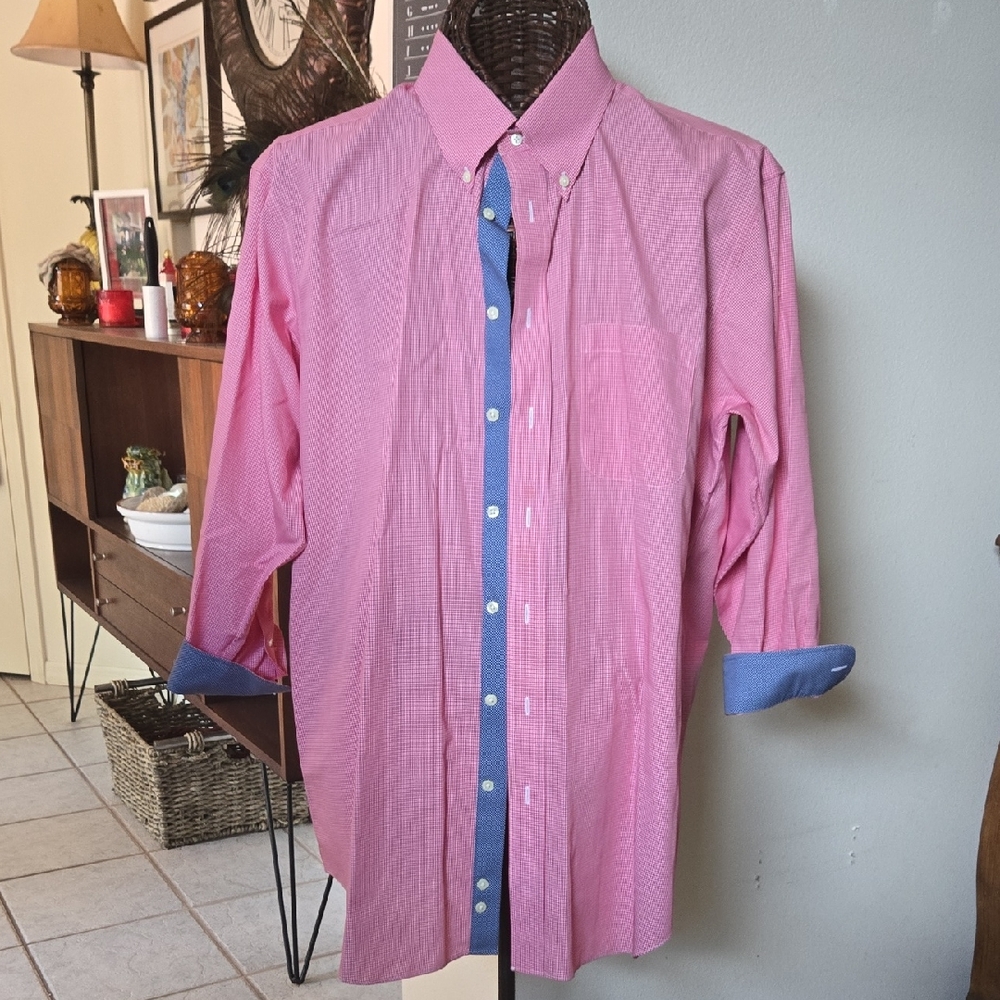 Paul Fredrick Men's Red, White, and Blue Checked  Button-Down Shirt